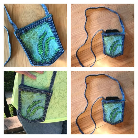 Crossbody Mini Jean Pocket Purse: Handmade Over Shoulder Floral Cell Phone Bag - Picture 10 of 10